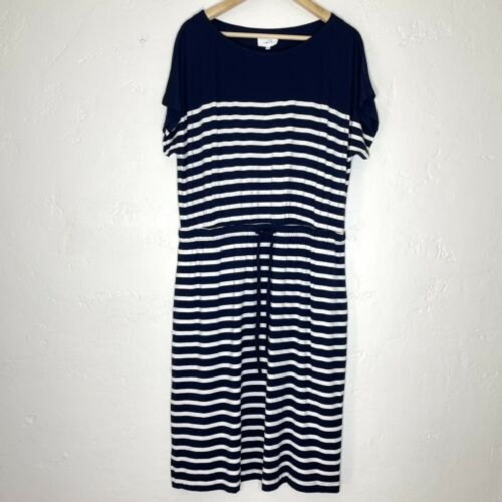 Soma WKND women's large navy blue white striped shirt sleeve maxi dress